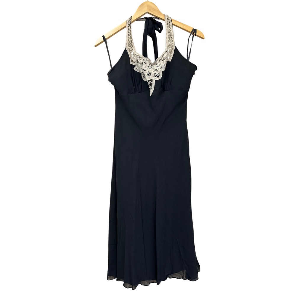 Nicole Miller Vintage Y2K Black Silk Lace‎ Halter Midi Dress Size 10 Babydoll